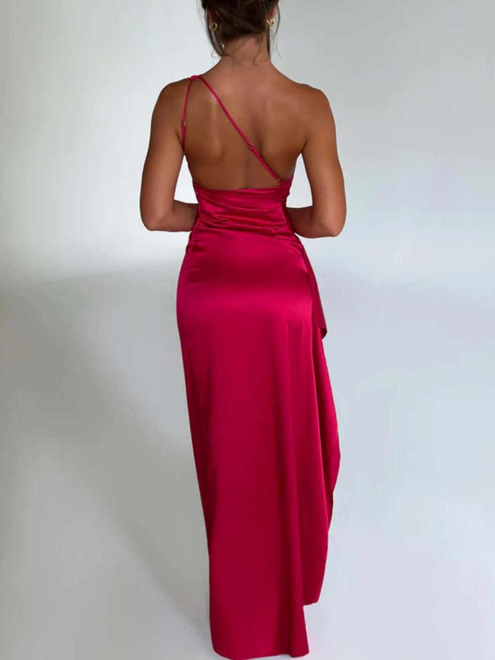 Ariel Red One-Shoulder Draped Maxi Dress in Luxury Stretch Satin