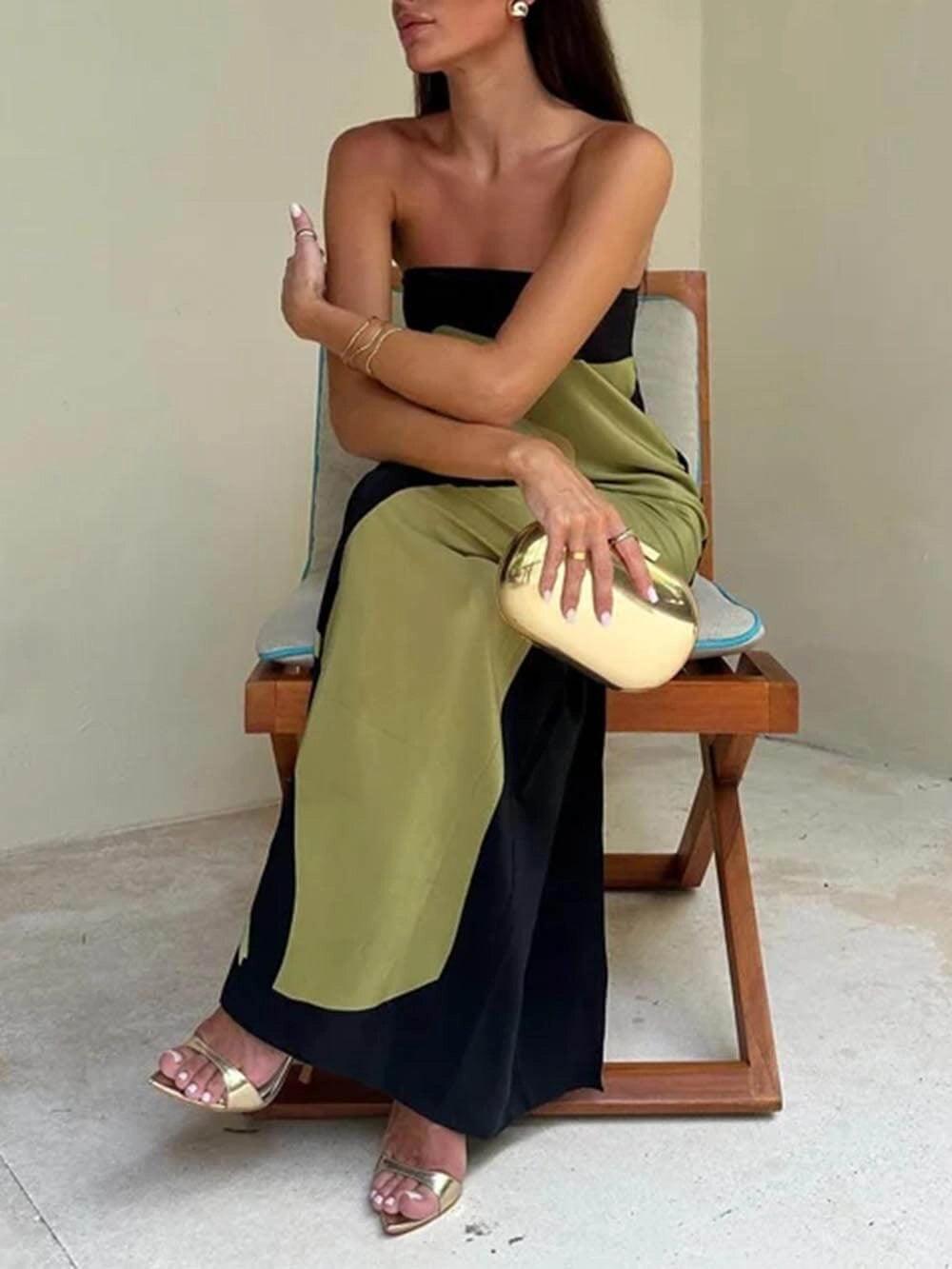 Strapless Color Block Printed Maxi Party Dress - Elegant & Eye-Catching for Special Occasions