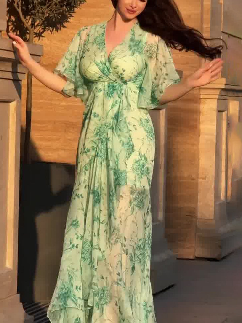 Women's Retro V-Neck Trumpet Sleeve Printed Dress - Bohemian Floral Cotton Polyester Wrap Skirt