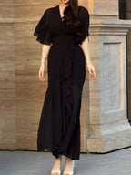 Women's Retro V-Neck Trumpet Sleeve Printed Dress - Bohemian Floral Cotton Polyester Wrap Skirt