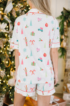 Festive White Christmas Print Short Sleeve Shirt and Shorts Pajama Set for Cozy Lounging