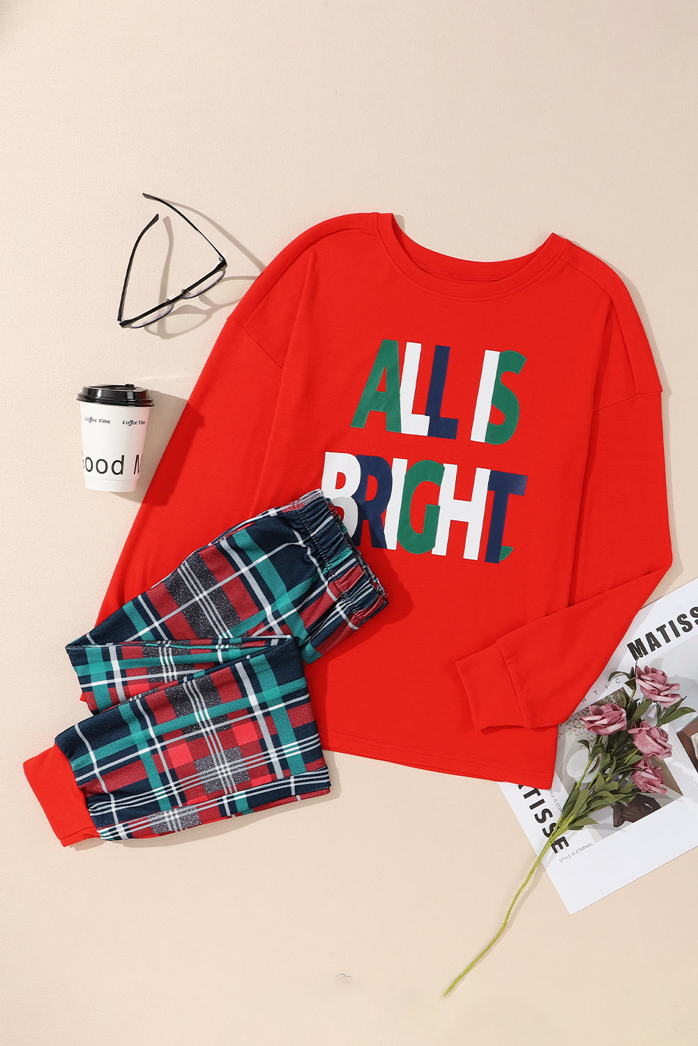 Cozy "ALL IS BRIGHT" Graphic Christmas Plaid Pajama Set for Women - Festive Long Sleeve Top & Jogger Pants