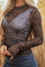 Black Western Rodeo Printed Mock Neck Long Sleeve Mesh Top