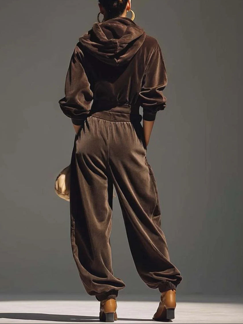 Luxury Vintage Brown Velvet Hoodie & Loose-Fit Trousers Set with Belt - Comfortable & Stylish Loungewear