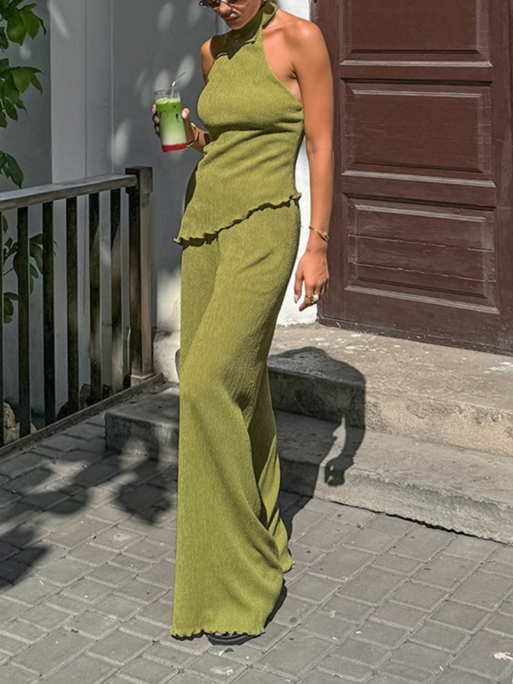 Elegant Halter Neck Pleated Textured Set with Matching Long Pants