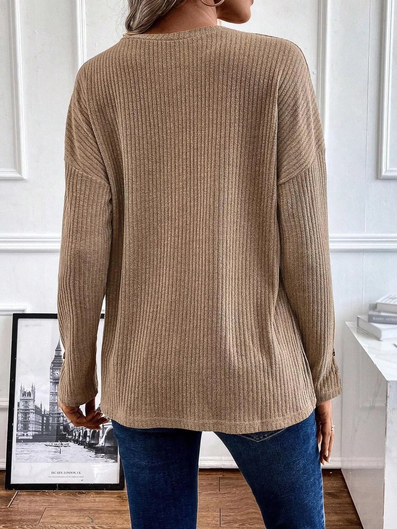 Ribbed Knit Button Detail Long Sleeve T-Shirt