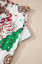 Cozy White Christmas Pattern V-Neck Pullover & Drawstring Pants 2-Piece Lounge Set for Women