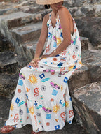 Sling Printed Holiday Loose Plus Size Long A-Line Dress with V-Neck - Perfect for Festive Occasions