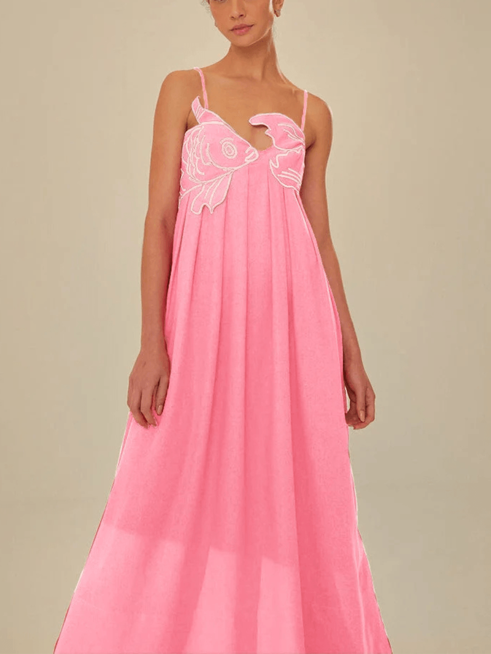 Red Fish Embroidered Maxi Dress - Playful Elegance for Vacation & Parties