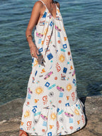 Sling Printed Holiday Loose Plus Size Long A-Line Dress with V-Neck - Perfect for Festive Occasions