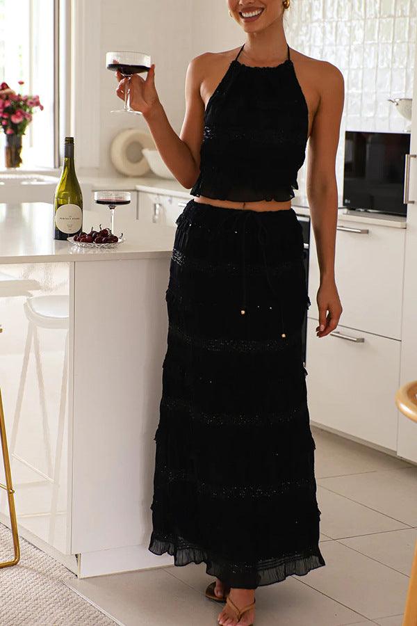 Elegant Sleeveless Chiffon Two-Piece Suit with Elastic Waist and Long Skirt