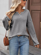 Striped Notched Long Sleeve T-Shirt