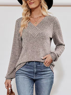 Ribbed Knit V-Neck Long Sleeve T-Shirt
