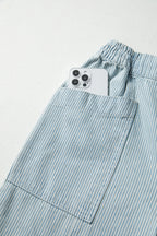Sky Blue Stripe Mid Rise Drawstring Waist Jeans