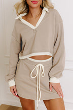 Parchment Raw Edge Detail Colorblock Patchwork Cropped Pullover Drawstring Skirt Set