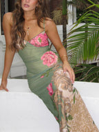 V-Neck Sleeveless Printed Backless High Waist Fitted Dress with Plant and Flower Motifs