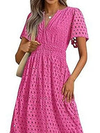 Women's V-Neck Cotton Casual Short Sleeve Hollow Pocket Midi Dress for Summer Beach Dates