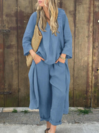 Women's Linen Blend V-Neck Long Sleeve Loose Top & High-Waisted Wide-Leg Pants Set - Perfect for Spring Casual Wear