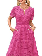 Women's V-Neck Cotton Casual Short Sleeve Hollow Pocket Midi Dress for Summer Beach Dates