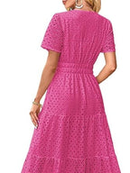 Women's V-Neck Cotton Casual Short Sleeve Hollow Pocket Midi Dress for Summer Beach Dates