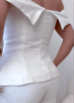 Elegant White Cotton and Linen Two-piece Suit - Cropped Top & Pants Set