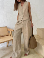 Women's Elegant V-Neck Pleated Cotton and Linen Wide-Leg Pants Suit - Sleeveless, Breathable, Casual Chic Set