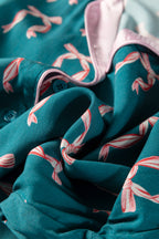 Silky Green Bow Print Long Sleeve Pajama Set with Shorts for Women