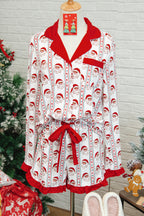 Festive White Santa & Stripes Ruffle Pajama Set for Cozy Holiday Nights