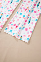 Festive White Christmas Pattern Long Sleeve Top and Wide Leg Pants Loungewear Set for Women