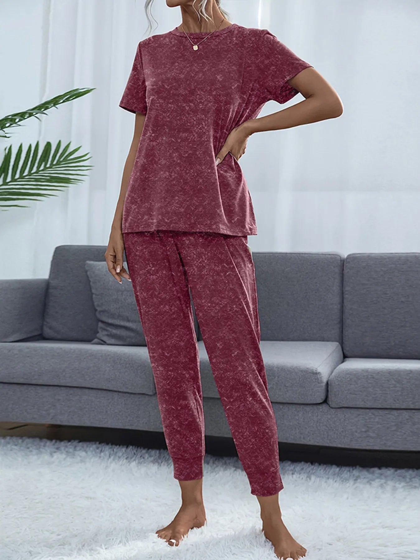 Round Neck Short Sleeve Top and Pants Lounge Set