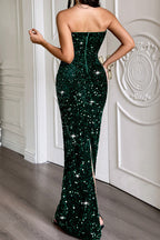 Blackish Green Satin Bow Decor Sequin Strapless Long Party Dress