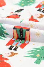 Cozy White Printed Christmas Pattern Button-Up Sleepwear Set - Short Sleeve Top & Loose Pants
