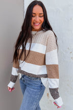 Brown Mixed Texture Knit Striped Color Block Loose Sweater