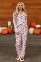 Pink Halloween Eve Haunted Honey Bat Print Pajama Set