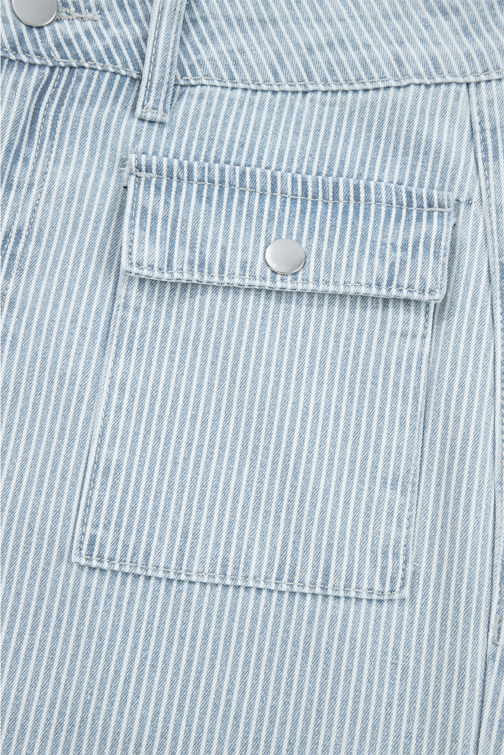 Sky Blue Stripe Button Flap Pocket Cuffed Hem Wide Leg Jeans