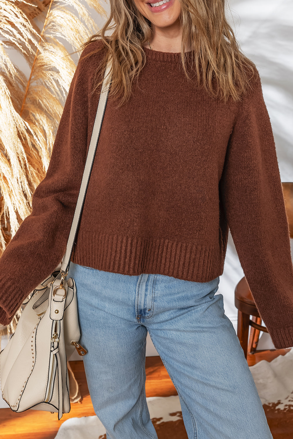 Coffee Solid Color Ribbed Trim Loose Sweater