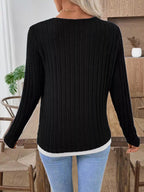 Ribbed Knit Long Sleeve Henley T-Shirt