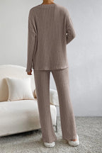 Women's Ribbed V-Neck Top and Pants Loungewear Set - Comfortable & Stylish