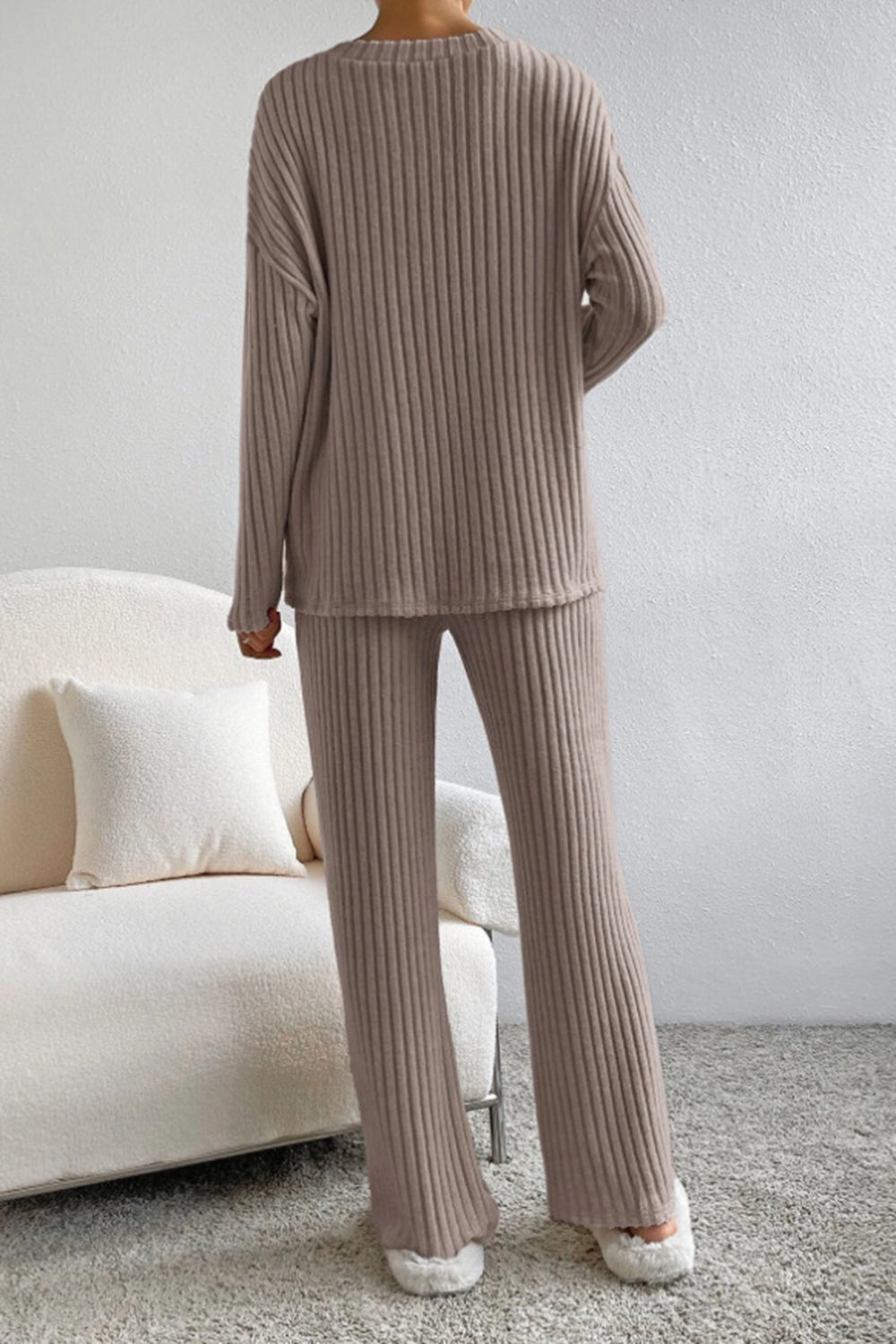 Women's Ribbed V-Neck Top and Pants Loungewear Set - Comfortable & Stylish