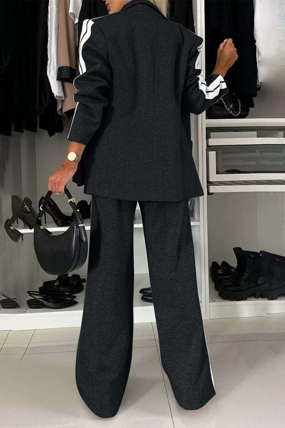 Chic Contrast Lapel Collar Buttoned Top and Pocketed Pants Two-Piece Set - 100% Polyester