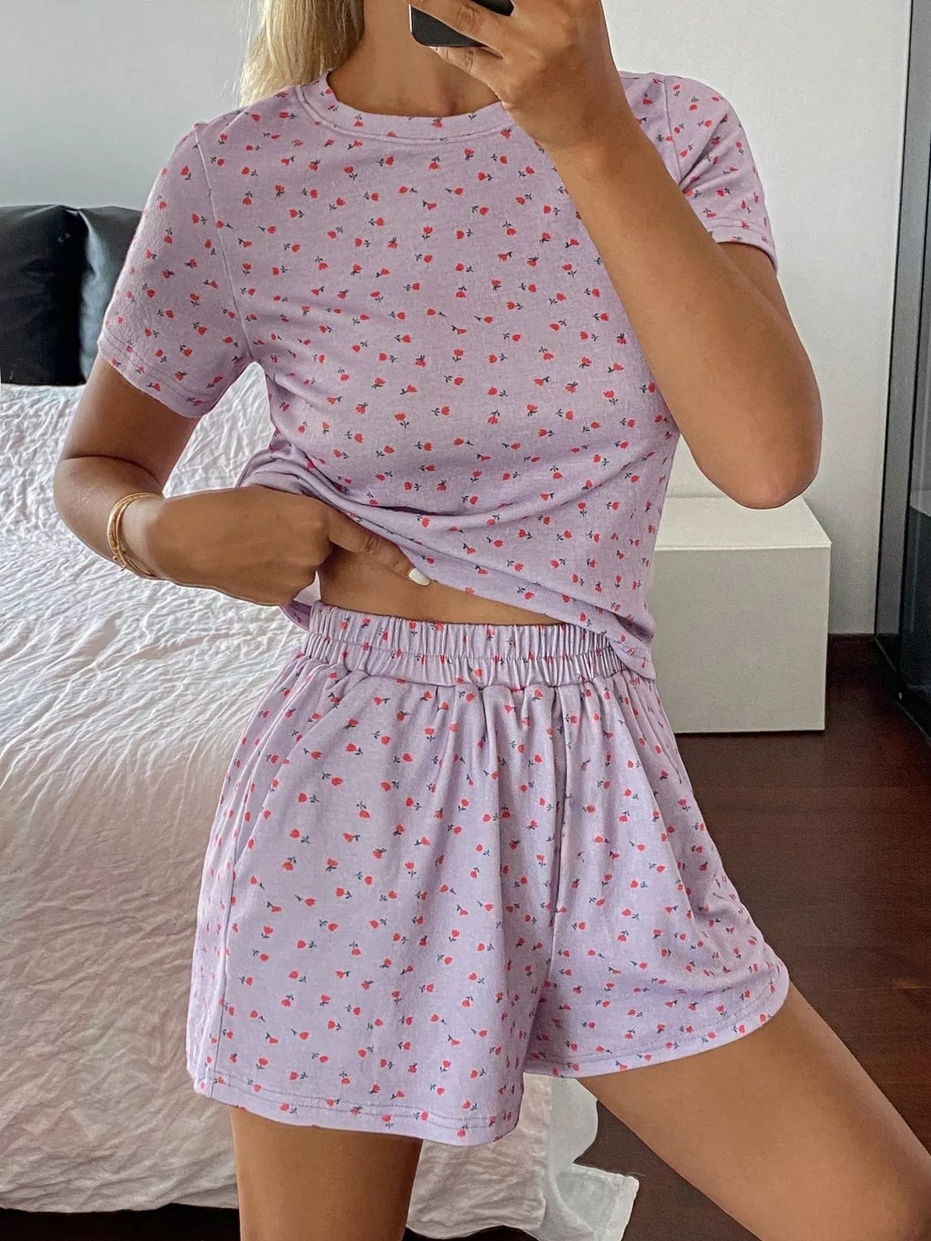 Floral Round Neck Top And Shorts Lounge Set