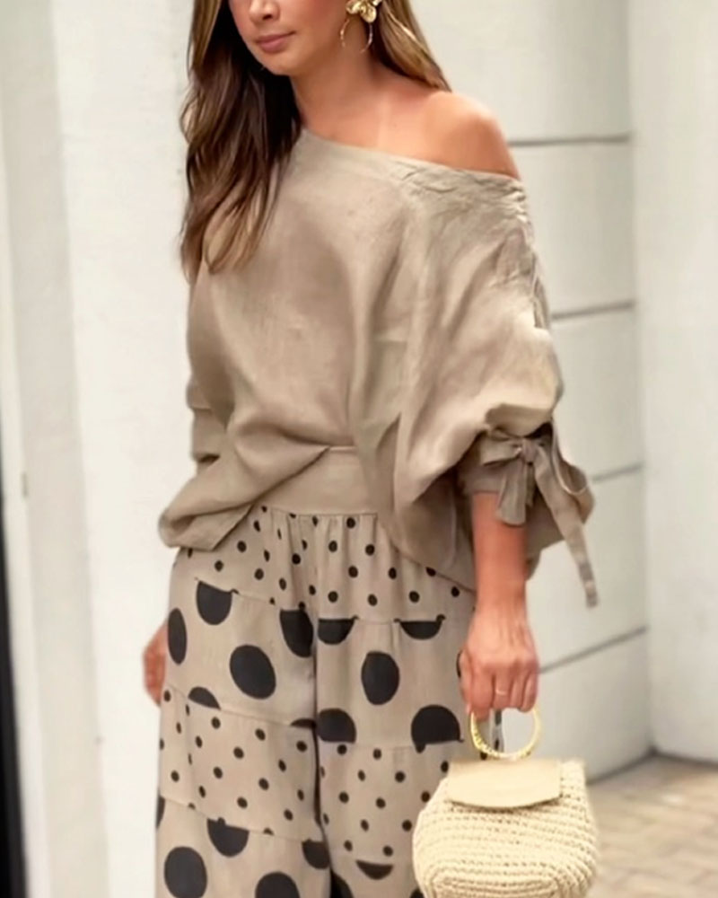 Elegant Casual Shoulder Top and Printed Pants Two-Piece Set for Daily & Holiday Wear