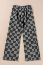 Dark Grey Checkered Denim Wide Leg Jeans