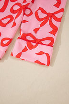 Chic Pink 2-Piece Bow Print Shirt Style Long Sleeve Pajama Set for Women