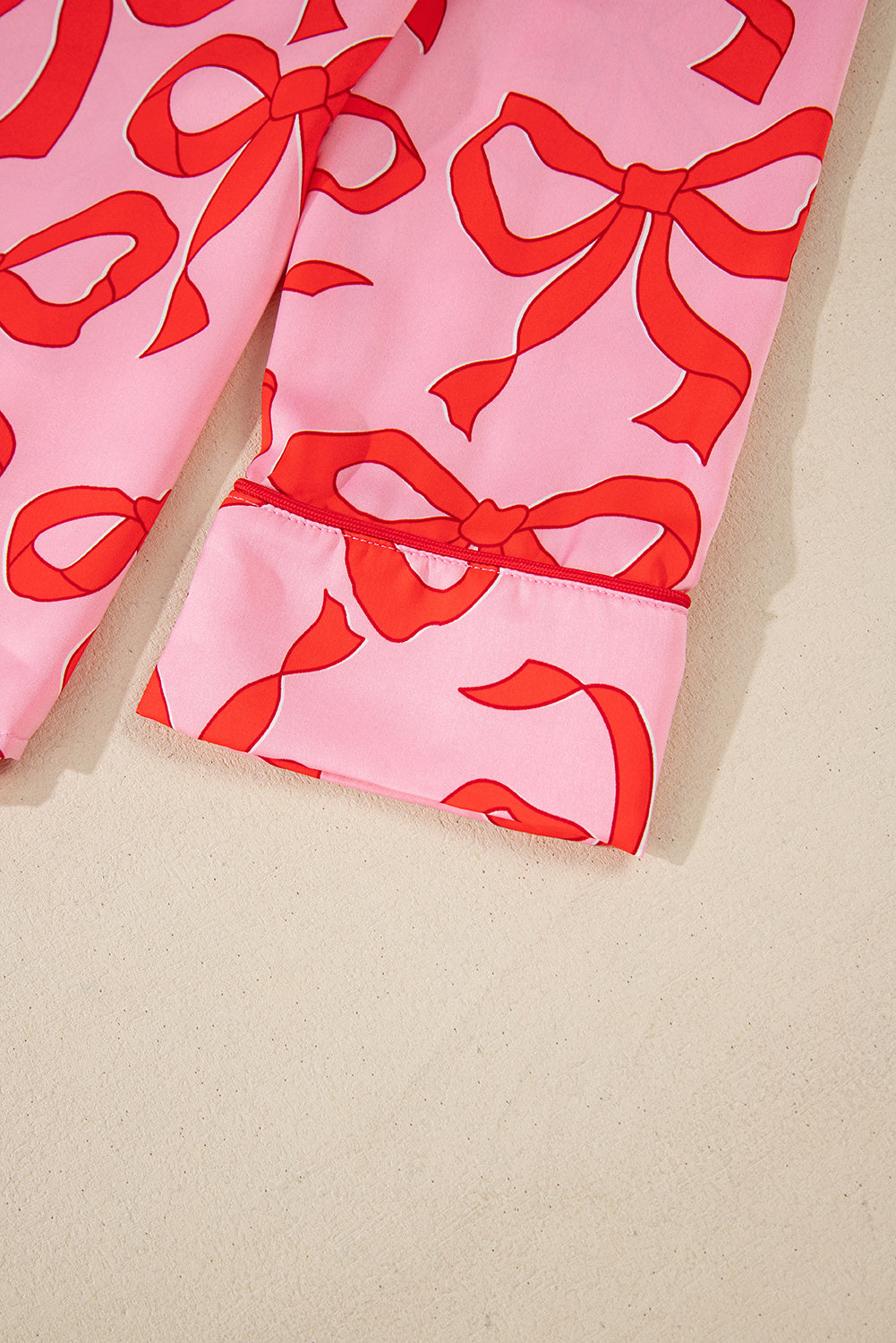 Chic Pink 2-Piece Bow Print Shirt Style Long Sleeve Pajama Set for Women