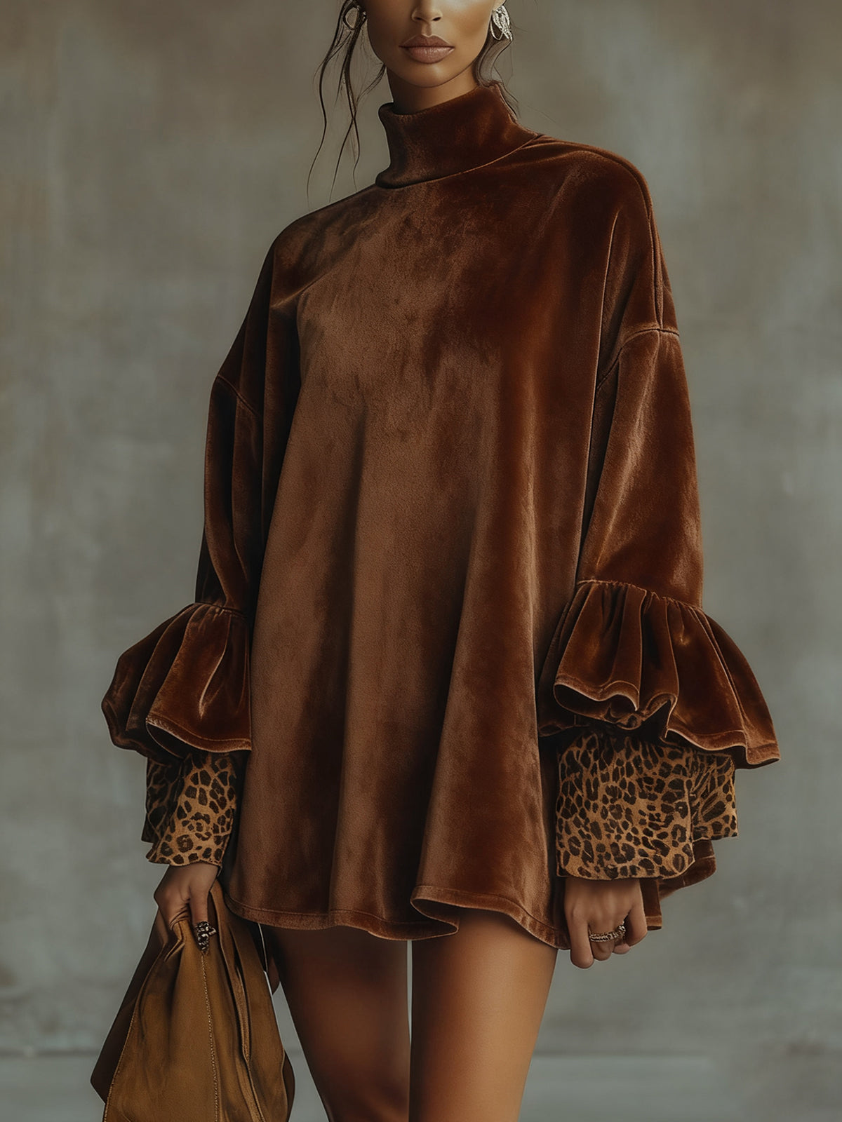Luxurious Velvet Leopard Cuff Flounce Sleeve Mini Dress for Autumn Events