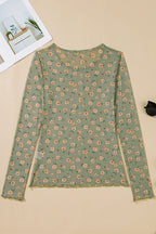 Laurel Green Vintage Floral Print Southern Style Mesh Long Sleeve Top