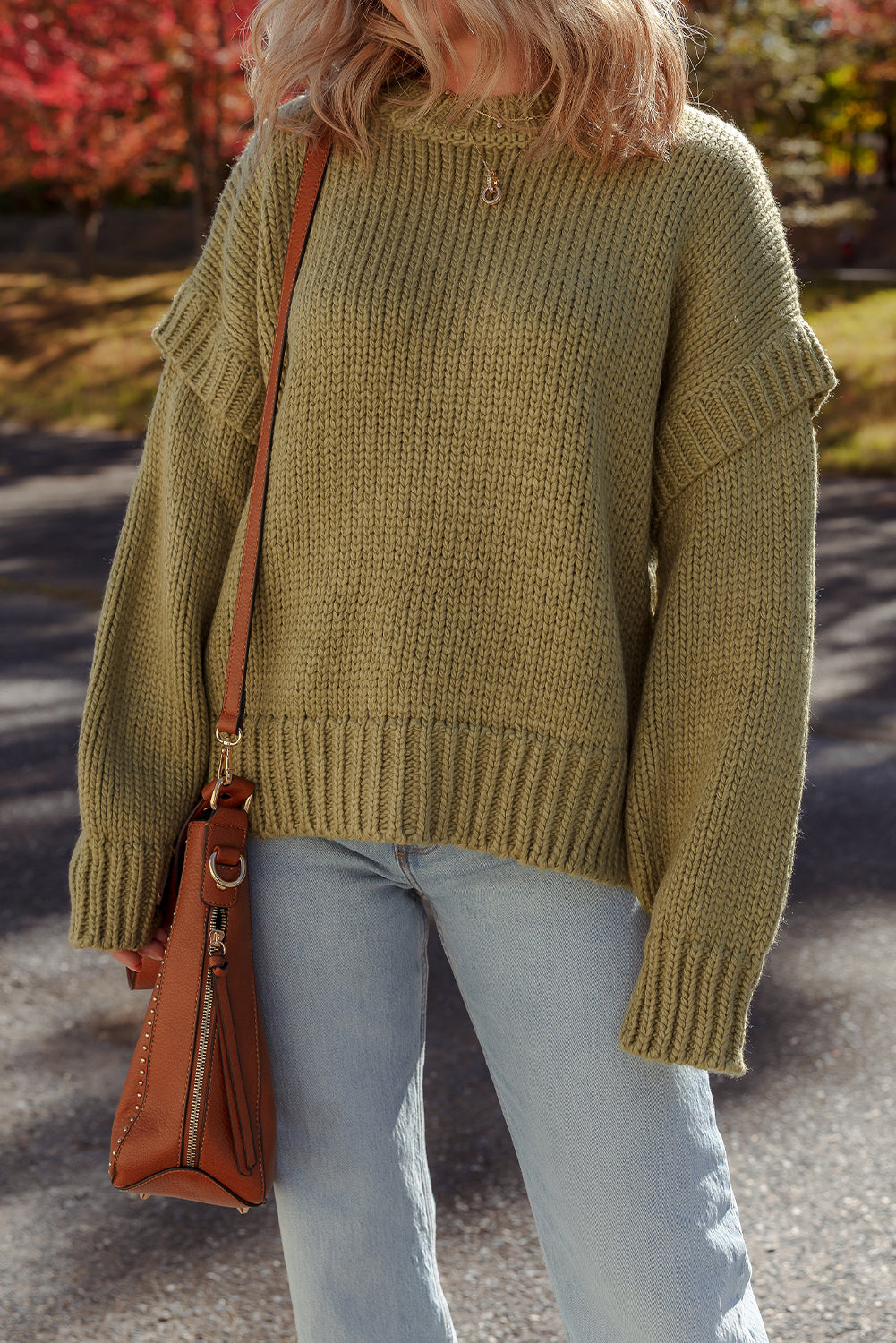 Guacamole Green Solid Color Ruffled Chunky Loose Sweater