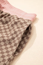 Brown Checkerboard Long Sleeve Pullover and Shorts Set