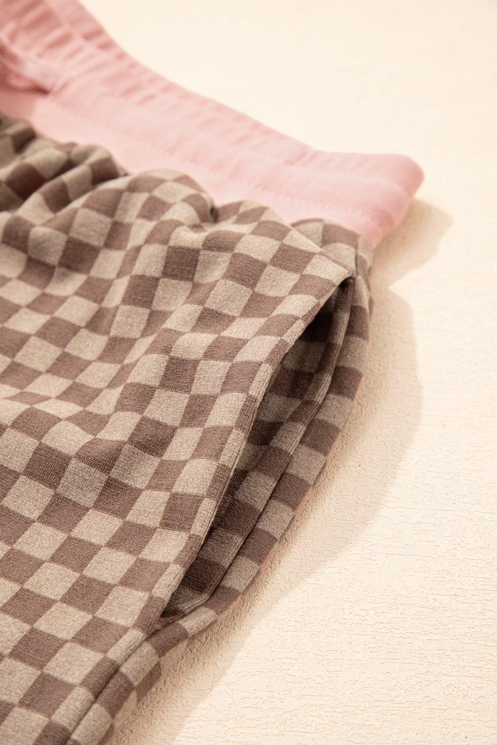 Brown Checkerboard Long Sleeve Pullover and Shorts Set